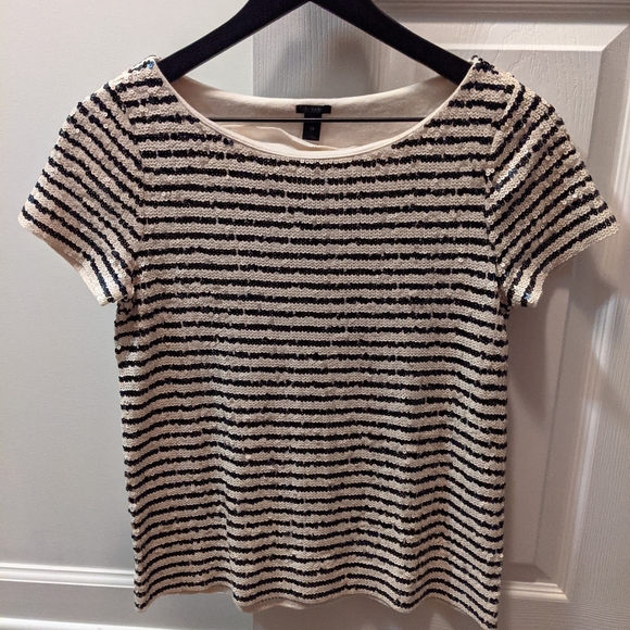 J. Crew XS cream & black striped sequin blouse - Picture 1 of 4